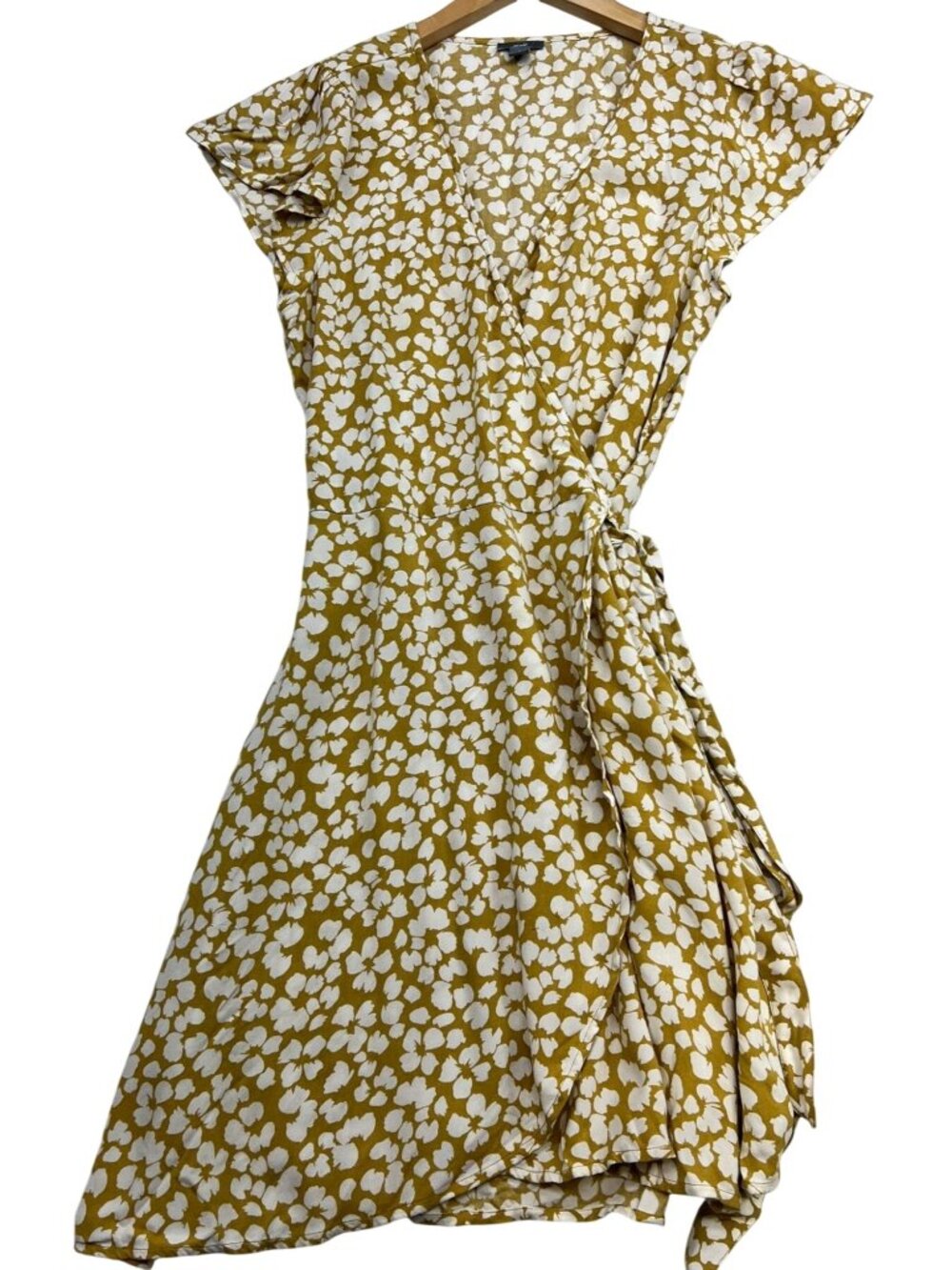 Aerie Womens V-Neck Wrap Dress Flutter Sleeve Tie Waist Sz S Yellow White Floral